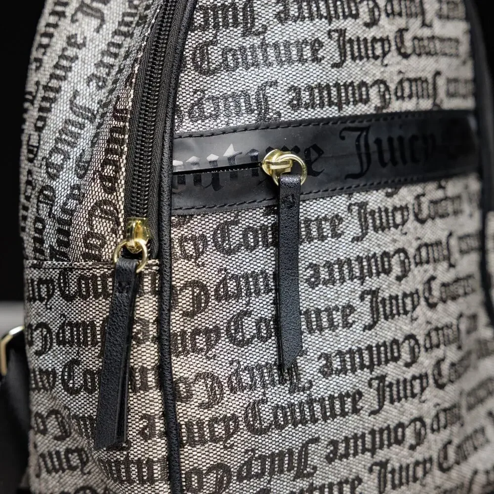 Juicy Couture Black Gray Logo Goth Our Zip Says it All Backpack Gold Hardware
